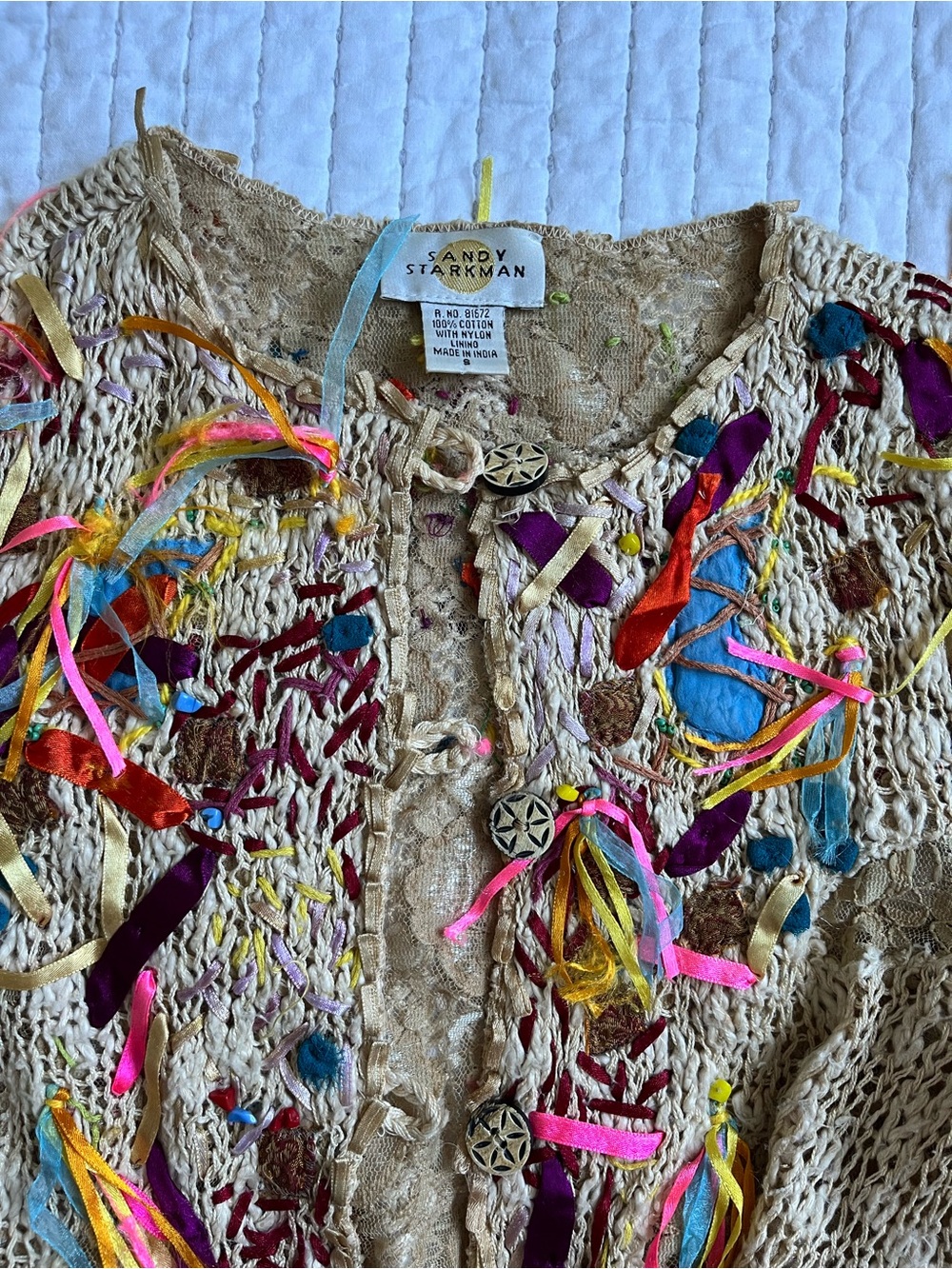 Sandy Starkman Beige Crochet Cardigan with Multicolor Ribbon Accents